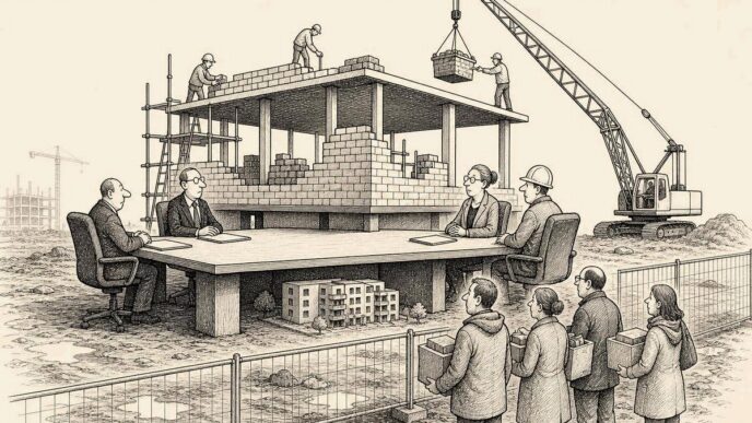 An empty Dutch construction site where workers are building an enormous boardroom table instead of homes. Officials sit around it with folders, a tiny model apartment block is under the table, and potential buyers wait at the fence.
