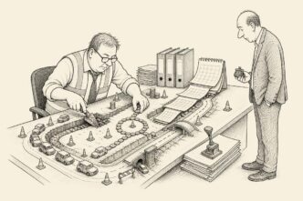 In a plain Dutch office, a payroll desk has become a tiny road construction site with toy commuter cars, cones, calendar pages, copper coins, a payroll clerk in a safety vest, and a worried owner with a small purse.