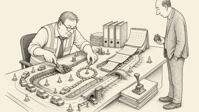 In a plain Dutch office, a payroll desk has become a tiny road construction site with toy commuter cars, cones, calendar pages, copper coins, a payroll clerk in a safety vest, and a worried owner with a small purse.