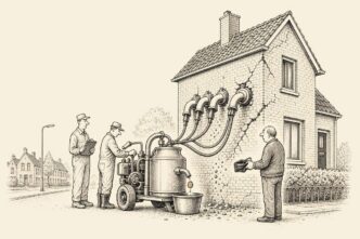 A terraced house is connected to a dairy milking machine by tubes, yielding dust and one coin while its owner watches with an empty purse.