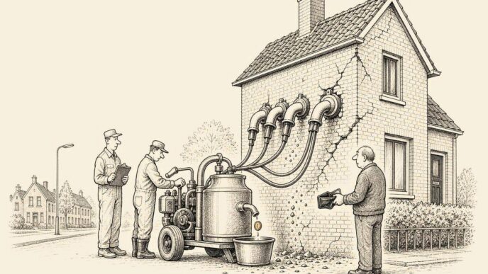 A terraced house is connected to a dairy milking machine by tubes, yielding dust and one coin while its owner watches with an empty purse.