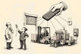 A Dutch light-industrial workshop where a business owner holds an unplugged little remote while a giant supplier hand uses a much larger remote to control all the machinery around her.