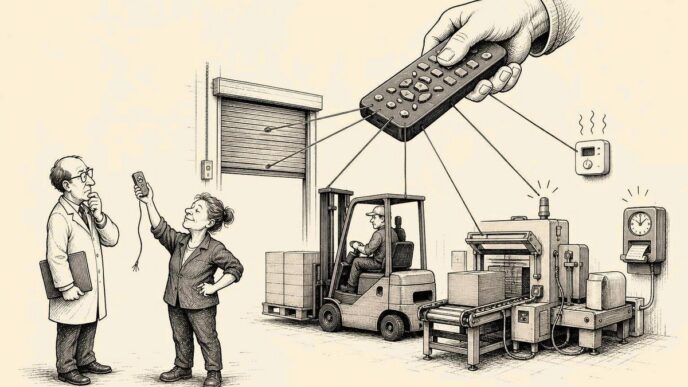 A Dutch light-industrial workshop where a business owner holds an unplugged little remote while a giant supplier hand uses a much larger remote to control all the machinery around her.