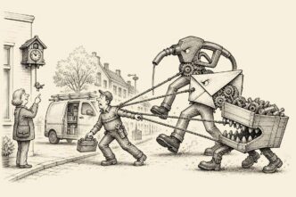 Outside a Dutch home, a customer smiles at a tiny descending cuckoo clock while an installer is pulled by three giant mechanical cost clocks shaped like fuel, wages and parts.