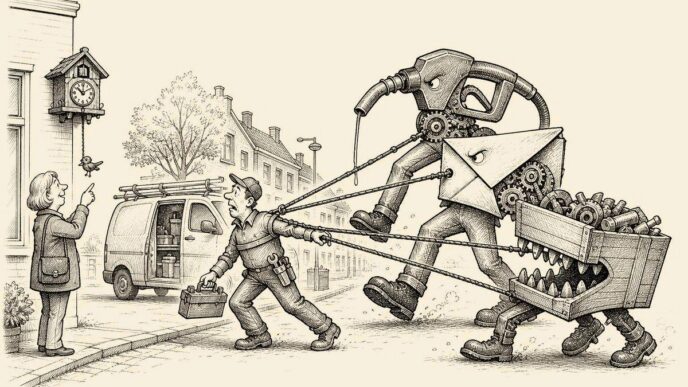 Outside a Dutch home, a customer smiles at a tiny descending cuckoo clock while an installer is pulled by three giant mechanical cost clocks shaped like fuel, wages and parts.