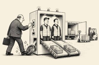 In a warehouse, a boss tries to use a coin-operated hiring machine, but it returns equal pay packets and drops a training wheel on his foot.