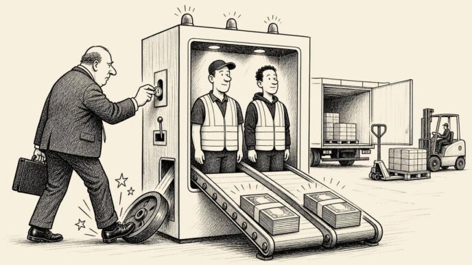 In a warehouse, a boss tries to use a coin-operated hiring machine, but it returns equal pay packets and drops a training wheel on his foot.