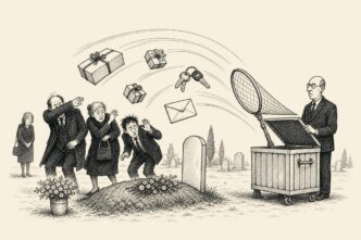 At a cemetery, recent gifts fly back like boomerangs into an official tax crate while mourners duck beside an open grave.