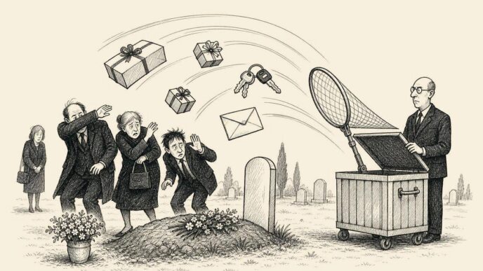 At a cemetery, recent gifts fly back like boomerangs into an official tax crate while mourners duck beside an open grave.