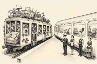 A crowded train full of shoppers and household goods leaves one platform, while an empty service train with exercise bikes, theatre seats and salon chairs waits on the other platform with staff ready but no customers.