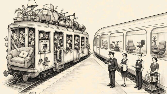 A crowded train full of shoppers and household goods leaves one platform, while an empty service train with exercise bikes, theatre seats and salon chairs waits on the other platform with staff ready but no customers.