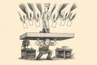 Inside a Dutch workshop, the concrete floor is being lifted by a giant hydraulic jack. A worker stands comfortably on it, while the owner and cash box are flattened against a ceiling of hanging price tags and customer hands.