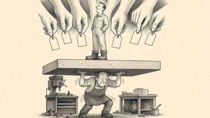 Inside a Dutch workshop, the concrete floor is being lifted by a giant hydraulic jack. A worker stands comfortably on it, while the owner and cash box are flattened against a ceiling of hanging price tags and customer hands.