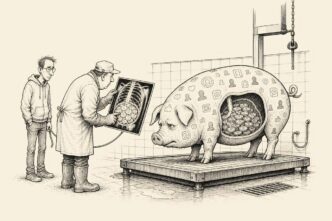 A digital-tax pig covered in app and user symbols is inspected in a tiled checkpoint. An X-ray reveals its belly full of gross revenue coins while a founder waits with the leash.