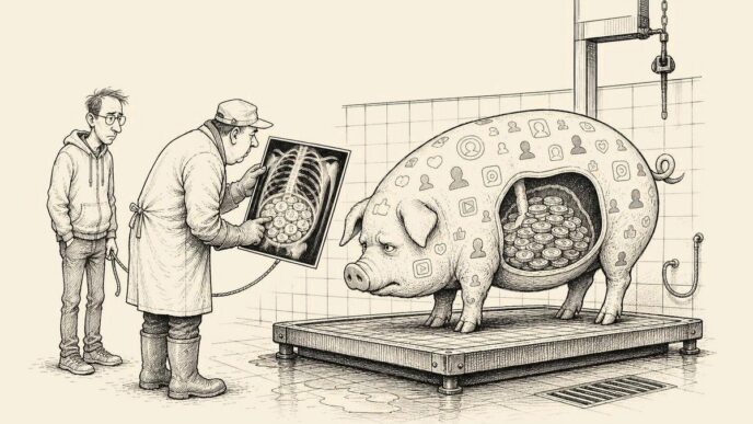 A digital-tax pig covered in app and user symbols is inspected in a tiled checkpoint. An X-ray reveals its belly full of gross revenue coins while a founder waits with the leash.