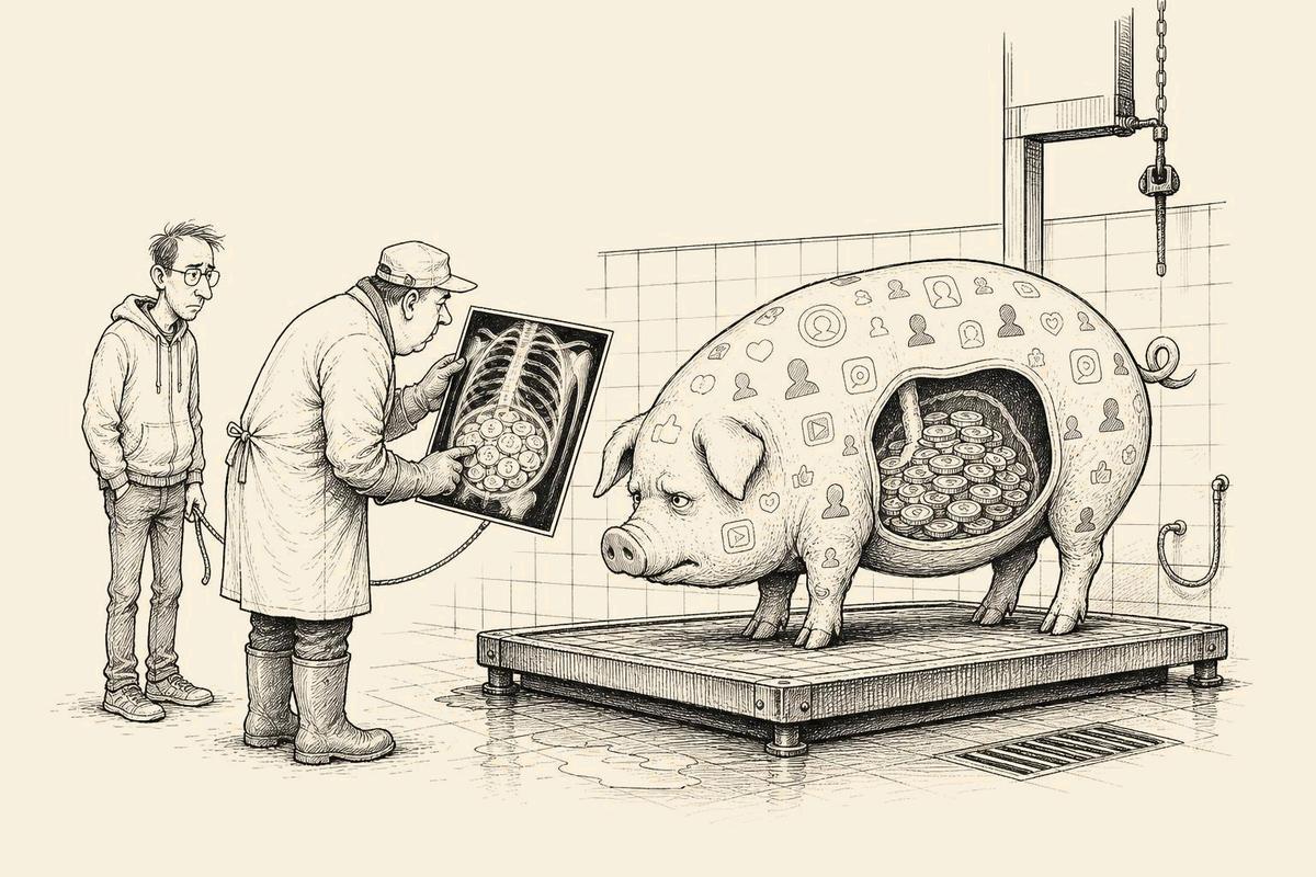 A digital-tax pig covered in app and user symbols is inspected in a tiled checkpoint. An X-ray reveals its belly full of gross revenue coins while a founder waits with the leash.