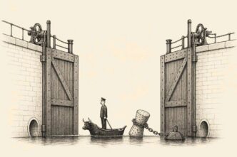 A tiny bull-shaped boat in an Amsterdam canal lock has risen only slightly. Huge lock gates squeeze it in, and a chained champagne cork cannot pop.