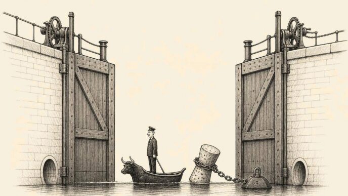A tiny bull-shaped boat in an Amsterdam canal lock has risen only slightly. Huge lock gates squeeze it in, and a chained champagne cork cannot pop.