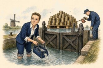 Linda, drawn as the recurring composed Polder insider, stands beside a Dutch canal lock near a small warehouse, bailing water with her handbag. Behind the closed lock gate is a large pallet of money, while a generic official fusses with