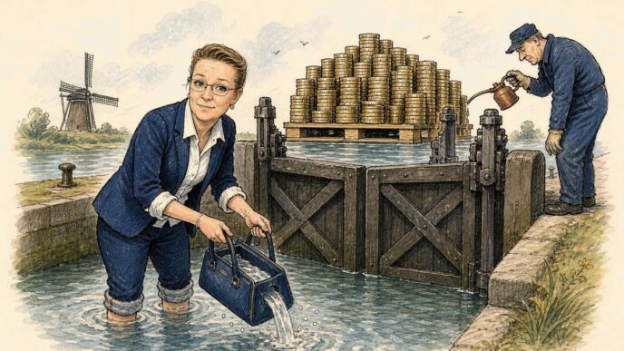 Linda, drawn as the recurring composed Polder insider, stands beside a Dutch canal lock near a small warehouse, bailing water with her handbag. Behind the closed lock gate is a large pallet of money, while a generic official fusses with