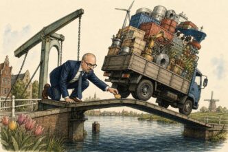 On a Dutch canal bridge, a truck stacked very high with goods tips dangerously because only one small gold coin sits near the balance point. Paolo Maria, in glasses and a navy suit, kneels on the bridge trying to position the coin before
