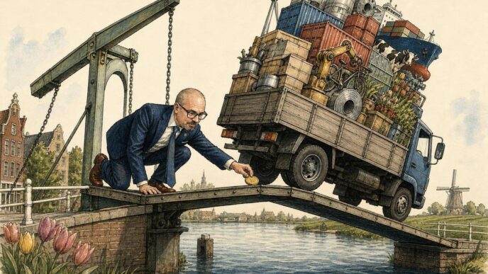 On a Dutch canal bridge, a truck stacked very high with goods tips dangerously because only one small gold coin sits near the balance point. Paolo Maria, in glasses and a navy suit, kneels on the bridge trying to position the coin before