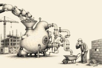 A huge stomach-like concrete mixer on a construction site consumes sacks of coins and, through many tubes, produces one tiny brick for a waiting contractor’s wheelbarrow. The unfinished wall still lacks almost everything.